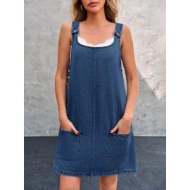 Vestido de Denim Vintage Sem Mangas para Mulheres - Corte Solto com Bolsos Laterais, Alças Ajustáveis & Acabamento em Renda, Vestuário Casual de Verão Lavável à Máquina, Vestidos de Denim, Moda do Dia a Dia, Design Clássico com Cinco Bolsos