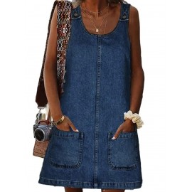 Vestido de Denim Vintage Sem Mangas para Mulheres - Corte Solto com Bolsos Laterais, Alças Ajustáveis & Acabamento em Renda, Vestuário Casual de Verão Lavável à Máquina, Vestidos de Denim, Moda do Dia a Dia, Design Clássico com Cinco Bolsos