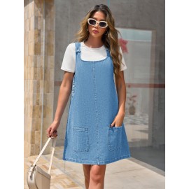 Vestido de Denim Vintage Sem Mangas para Mulheres - Corte Solto com Bolsos Laterais, Alças Ajustáveis & Acabamento em Renda, Vestuário Casual de Verão Lavável à Máquina, Vestidos de Denim, Moda do Dia a Dia, Design Clássico com Cinco Bolsos