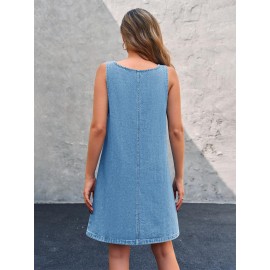 Vestido de Denim Vintage Sem Mangas para Mulheres - Corte Solto com Bolsos Laterais, Alças Ajustáveis & Acabamento em Renda, Vestuário Casual de Verão Lavável à Máquina, Vestidos de Denim, Moda do Dia a Dia, Design Clássico com Cinco Bolsos