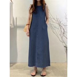 Nova Moda Longa Saia Redonda Decote Sem Mangas Bolsa Solta Longa Camisa Feminina Vestido Jeans