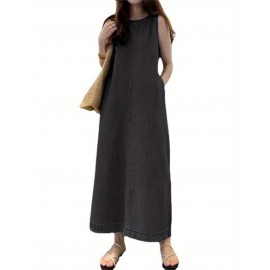 Nova Moda Longa Saia Redonda Decote Sem Mangas Bolsa Solta Longa Camisa Feminina Vestido Jeans