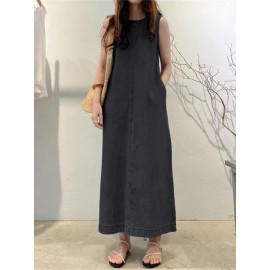 Nova Moda Longa Saia Redonda Decote Sem Mangas Bolsa Solta Longa Camisa Feminina Vestido Jeans