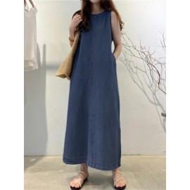 Nova Moda Longa Saia Redonda Decote Sem Mangas Bolsa Solta Longa Camisa Feminina Vestido Jeans