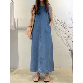 Nova Moda Longa Saia Redonda Decote Sem Mangas Bolsa Solta Longa Camisa Feminina Vestido Jeans
