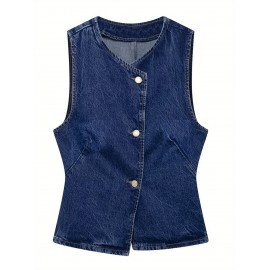 Vestido de Ganga Feminino Ajustado - Top Sem Mangas com Botões e Decote em V para Primavera, Verão & Outono, Estilo Casual, Lavável à Máquina, Jeans Azul Claro, Perfeito para Encontros ao Ar Livre