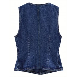 Vestido de Ganga Feminino Ajustado - Top Sem Mangas com Botões e Decote em V para Primavera, Verão & Outono, Estilo Casual, Lavável à Máquina, Jeans Azul Claro, Perfeito para Encontros ao Ar Livre