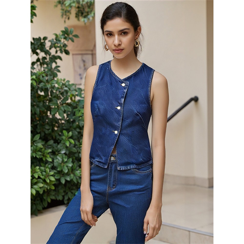 Vestido de Ganga Feminino Ajustado - Top Sem Mangas com Botões e Decote em V para Primavera, Verão & Outono, Estilo Casual, Lavável à Máquina, Jeans Azul Claro, Perfeito para Encontros ao Ar Livre