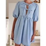 Vestido Leve Feminino de Verão - Fechamento com Amarração Frontal, Barra Flare para Festa ou Dia a Dia - Tecido Não Transparente e Fácil Cuidado - Roupas Prontas para Vestir, Mangas Bufantes, Material Médio Elasticidade