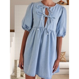 Vestido Leve Feminino de Verão - Fechamento com Amarração Frontal, Barra Flare para Festa ou Dia a Dia - Tecido Não Transparente e Fácil Cuidado - Roupas Prontas para Vestir, Mangas Bufantes, Material Médio Elasticidade
