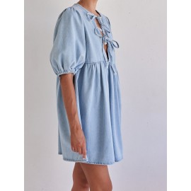 Vestido Leve Feminino de Verão - Fechamento com Amarração Frontal, Barra Flare para Festa ou Dia a Dia - Tecido Não Transparente e Fácil Cuidado - Roupas Prontas para Vestir, Mangas Bufantes, Material Médio Elasticidade