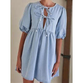 Vestido Leve Feminino de Verão - Fechamento com Amarração Frontal, Barra Flare para Festa ou Dia a Dia - Tecido Não Transparente e Fácil Cuidado - Roupas Prontas para Vestir, Mangas Bufantes, Material Médio Elasticidade
