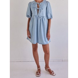 Vestido Leve Feminino de Verão - Fechamento com Amarração Frontal, Barra Flare para Festa ou Dia a Dia - Tecido Não Transparente e Fácil Cuidado - Roupas Prontas para Vestir, Mangas Bufantes, Material Médio Elasticidade