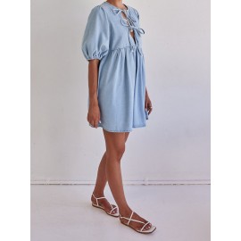 Vestido Leve Feminino de Verão - Fechamento com Amarração Frontal, Barra Flare para Festa ou Dia a Dia - Tecido Não Transparente e Fácil Cuidado - Roupas Prontas para Vestir, Mangas Bufantes, Material Médio Elasticidade