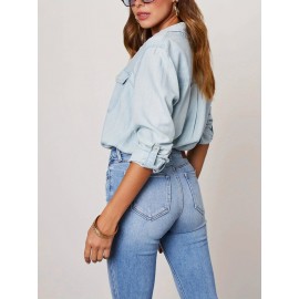 Blusas de ganga de manga comprida com gola virada de cor sólida para mulheres, estilo casual e solto para a primavera.