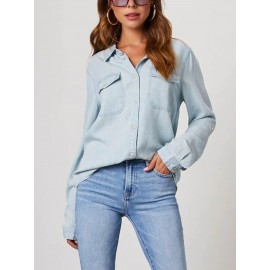 Blusas de ganga de manga comprida com gola virada de cor sólida para mulheres, estilo casual e solto para a primavera.