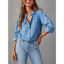 Blusas de ganga de manga comprida com gola virada de cor sólida para mulheres, estilo casual e solto para a primavera.