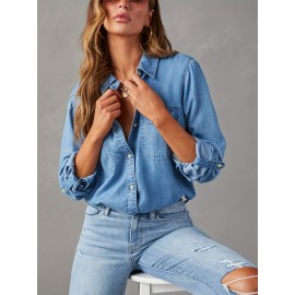 Blusas de ganga de manga comprida com gola virada de cor sólida para mulheres, estilo casual e solto para a primavera.