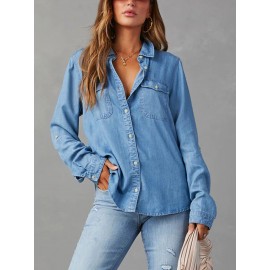 Blusas de ganga de manga comprida com gola virada de cor sólida para mulheres, estilo casual e solto para a primavera.