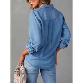 Blusas de ganga de manga comprida com gola virada de cor sólida para mulheres, estilo casual e solto para a primavera.