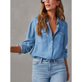 Blusas de ganga de manga comprida com gola virada de cor sólida para mulheres, estilo casual e solto para a primavera.