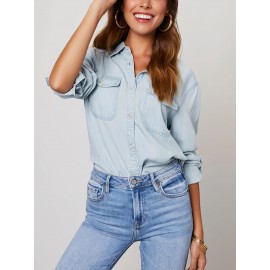 Blusas de ganga de manga comprida com gola virada de cor sólida para mulheres, estilo casual e solto para a primavera.