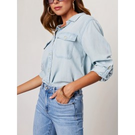 Blusas de ganga de manga comprida com gola virada de cor sólida para mulheres, estilo casual e solto para a primavera.