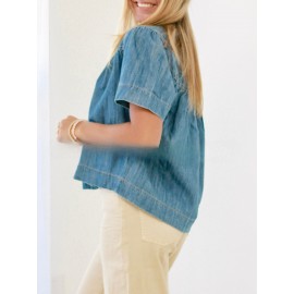 Camiseta de manga curta de denim feminina - Moda retro casual de verão de rua lavada em denim solta com botões versáteis