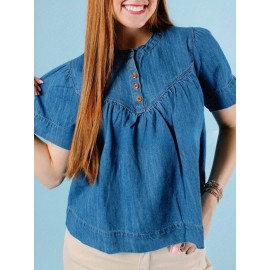 Camiseta de manga curta de denim feminina - Moda retro casual de verão de rua lavada em denim solta com botões versáteis