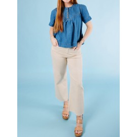 Camiseta de manga curta de denim feminina - Moda retro casual de verão de rua lavada em denim solta com botões versáteis