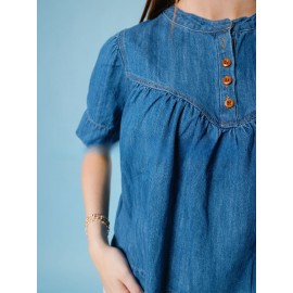 Camiseta de manga curta de denim feminina - Moda retro casual de verão de rua lavada em denim solta com botões versáteis