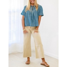Camiseta de manga curta de denim feminina - Moda retro casual de verão de rua lavada em denim solta com botões versáteis
