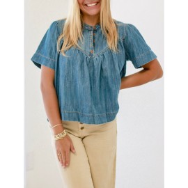 Camiseta de manga curta de denim feminina - Moda retro casual de verão de rua lavada em denim solta com botões versáteis