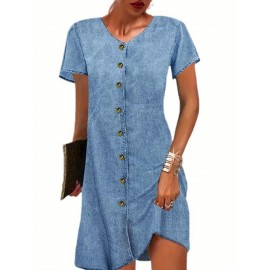 Vestido Jeans Vintage Feminino com Decote em V - Bolso Frontal, Cinto Ajustável na Cintura, Mangas Curtas e Comprimento Médio para Looks Casuais ou Semi-Formais de Primavera/Outono, Moda Retrô, Corte Estruturado, Ideal para Escritório