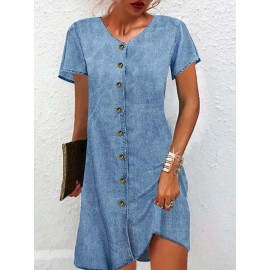 Vestido Jeans Vintage Feminino com Decote em V - Bolso Frontal, Cinto Ajustável na Cintura, Mangas Curtas e Comprimento Médio para Looks Casuais ou Semi-Formais de Primavera/Outono, Moda Retrô, Corte Estruturado, Ideal para Escritório