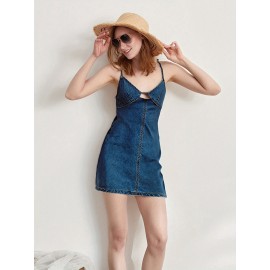 Vestido de Ganga Sem Mangas para Mulheres - Vestido de Verão Mini em Linha A com Decote em V e Recortes Sensuais, Tecido Leve Não Elástico para Praia, Festa ou Rua, Lavável à Máquina, Uso Casual | Tecido Não Transparente