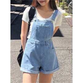 Vestido de ganga casual para mulheres com alças ajustáveis, corte largo e pernas largas, com bolsos, estilo de rua, em ganga mista, para uso casual.