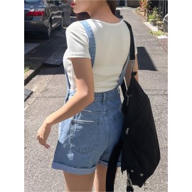 Vestido de ganga casual para mulheres com alças ajustáveis, corte largo e pernas largas, com bolsos, estilo de rua, em ganga mista, para uso casual.