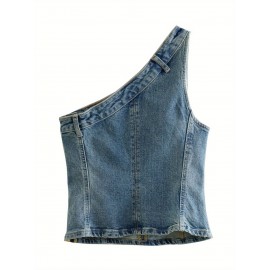 Colete de Denim Vintage Feminino - Top Sem Mangas com Ombreira Única e Ajustado, Borda Assimétrica Lavável à Máquina para Primavera Verão Outono, Tamanhos P/M/G