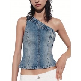 Colete de Denim Vintage Feminino - Top Sem Mangas com Ombreira Única e Ajustado, Borda Assimétrica Lavável à Máquina para Primavera Verão Outono, Tamanhos P/M/G