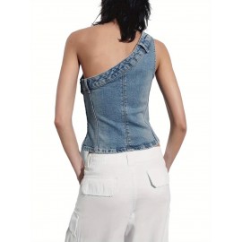 Colete de Denim Vintage Feminino - Top Sem Mangas com Ombreira Única e Ajustado, Borda Assimétrica Lavável à Máquina para Primavera Verão Outono, Tamanhos P/M/G