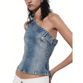 Colete de Denim Vintage Feminino - Top Sem Mangas com Ombreira Única e Ajustado, Borda Assimétrica Lavável à Máquina para Primavera Verão Outono, Tamanhos P/M/G