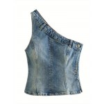 Colete de Denim Vintage Feminino - Top Sem Mangas com Ombreira Única e Ajustado, Borda Assimétrica Lavável à Máquina para Primavera Verão Outono, Tamanhos P/M/G