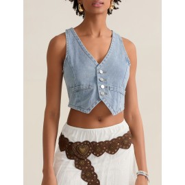 Coletes Leves Femininos de Denim - Top Sem Mangas com Fechamento em Botões, Peça Fácil de Combinar para Streetwear e Looks Casuais - Jaqueta Lavável à Máquina Não Transparente, Design Frontal com Botões, Construção Durável, Guarda-Roupa de Verão