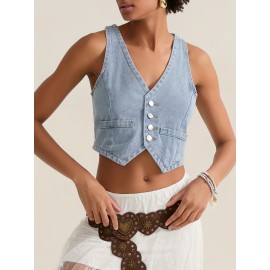 Coletes Leves Femininos de Denim - Top Sem Mangas com Fechamento em Botões, Peça Fácil de Combinar para Streetwear e Looks Casuais - Jaqueta Lavável à Máquina Não Transparente, Design Frontal com Botões, Construção Durável, Guarda-Roupa de Verão