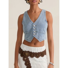 Coletes Leves Femininos de Denim - Top Sem Mangas com Fechamento em Botões, Peça Fácil de Combinar para Streetwear e Looks Casuais - Jaqueta Lavável à Máquina Não Transparente, Design Frontal com Botões, Construção Durável, Guarda-Roupa de Verão