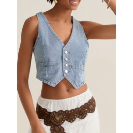 Coletes Leves Femininos de Denim - Top Sem Mangas com Fechamento em Botões, Peça Fácil de Combinar para Streetwear e Looks Casuais - Jaqueta Lavável à Máquina Não Transparente, Design Frontal com Botões, Construção Durável, Guarda-Roupa de Verão