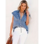 Camisa Elegante de Denim Solta para Mulheres - Manga Curta com Gola Lapela e Abertura Frontal, Barra Assimétrica, Leve para Primavera/Verão, Ajuste Regular, Cor Sólida Não Transparente, Moda Verão, Colarinho Dobrável, Tecido Sem Elasticidade