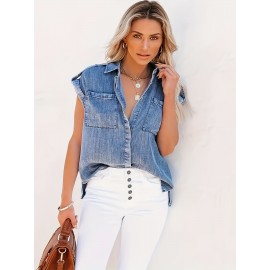Camisa Elegante de Denim Solta para Mulheres - Manga Curta com Gola Lapela e Abertura Frontal, Barra Assimétrica, Leve para Primavera/Verão, Ajuste Regular, Cor Sólida Não Transparente, Moda Verão, Colarinho Dobrável, Tecido Sem Elasticidade