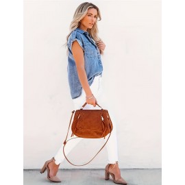 Camisa Elegante de Denim Solta para Mulheres - Manga Curta com Gola Lapela e Abertura Frontal, Barra Assimétrica, Leve para Primavera/Verão, Ajuste Regular, Cor Sólida Não Transparente, Moda Verão, Colarinho Dobrável, Tecido Sem Elasticidade